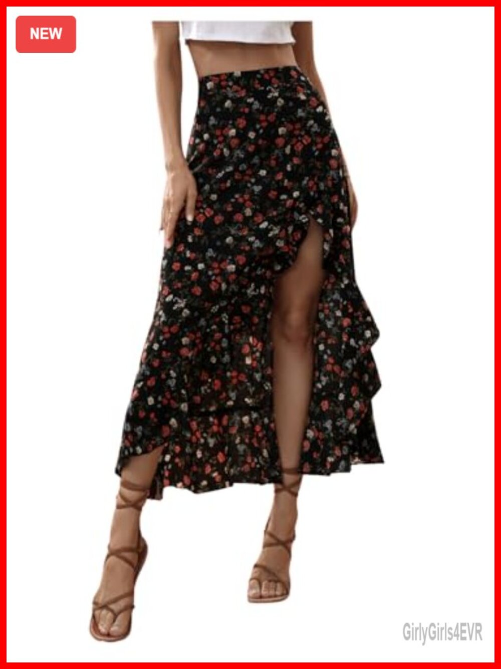 Boho Floral Print Ruffle High Waisted Split Maxi Skirt